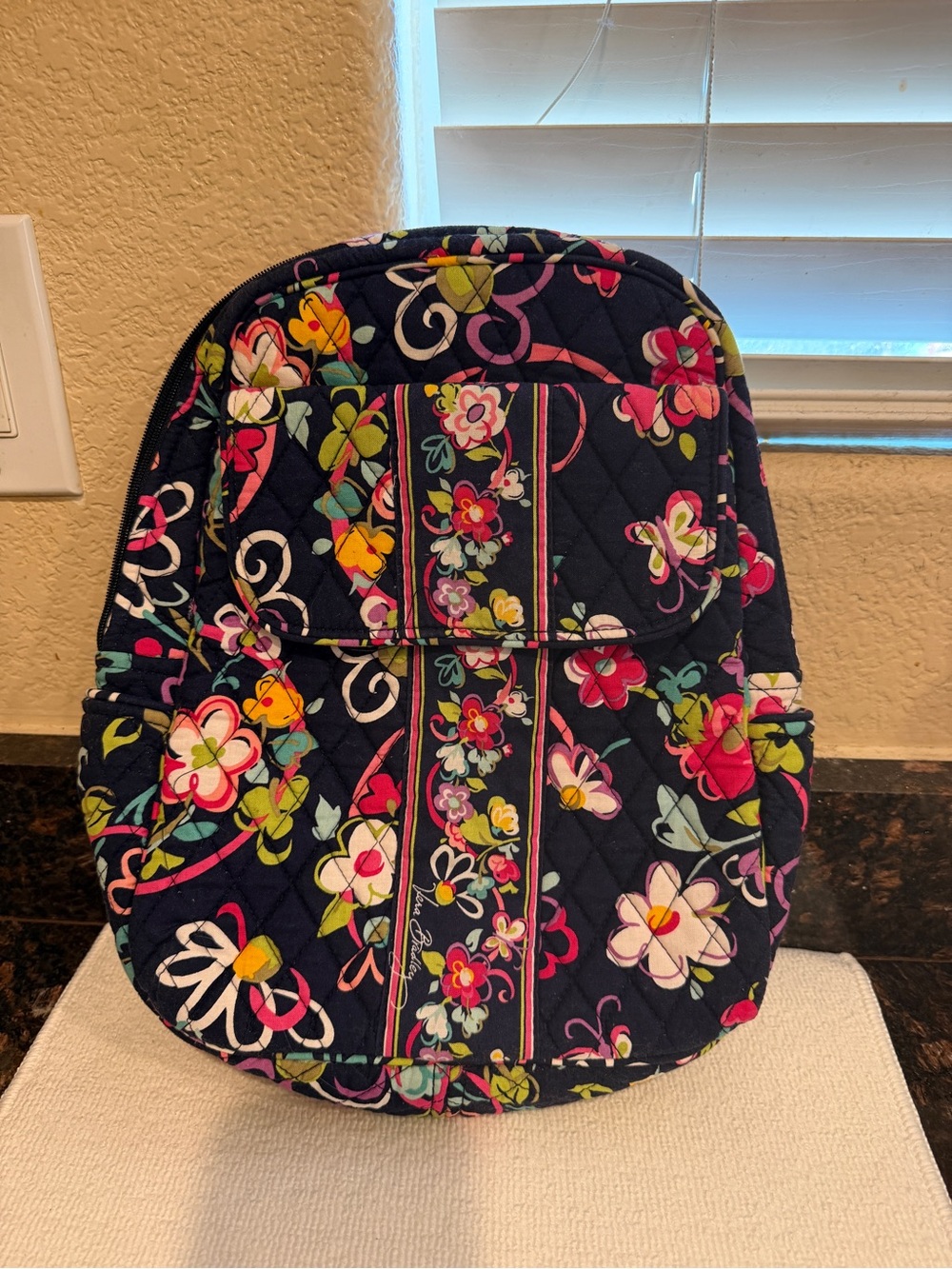 Vera Bradley Backpack Ribbons Blue Floral Double Zip Pockets School Travel EUC